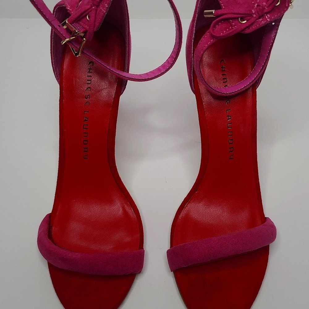 Chinese Laundry pink suede ankle strap heels